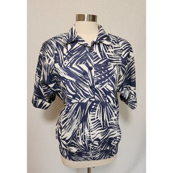 Womens 80s 90s Vintage Palm Print Shirt Size XL Blue Tropical - Picture 1 of 7